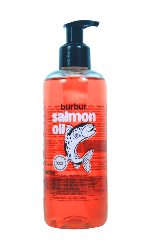 Aceite de Salmón 100%, un suplemento indispensable para una dieta equilibrada tanto en perros como gatos, dale un toque de sabor a sus comidas, cuida su piel y dale un brillo especial a su pelo. Puro aceite de Salmón.  Análisis: Grasa bruta 99% de la cual: EPA: (5.5%) DHA: (7%) Omega3: (16.2%) Omega6: (15%) Dosificación: Gato o perro mini: 2-3 pulsaciones al día. Perro medio: 4-5 Pulsaciones al día. Perro grande: 6-8 Pulsaciones al día.